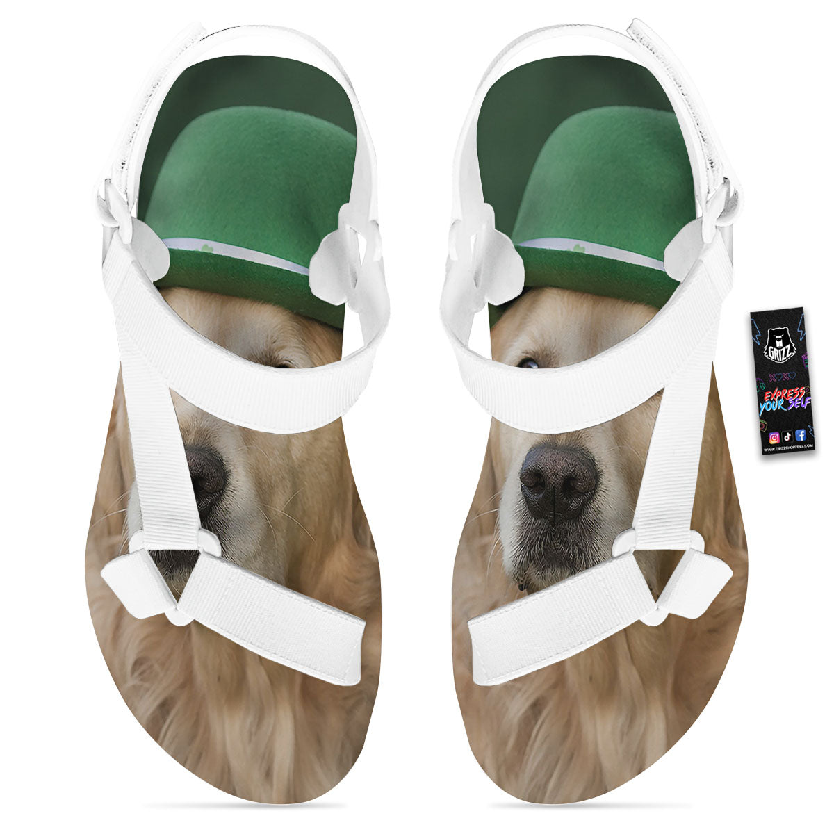 Golden Retriever Patrick's Day Print White Open Toe Sandals-grizzshop