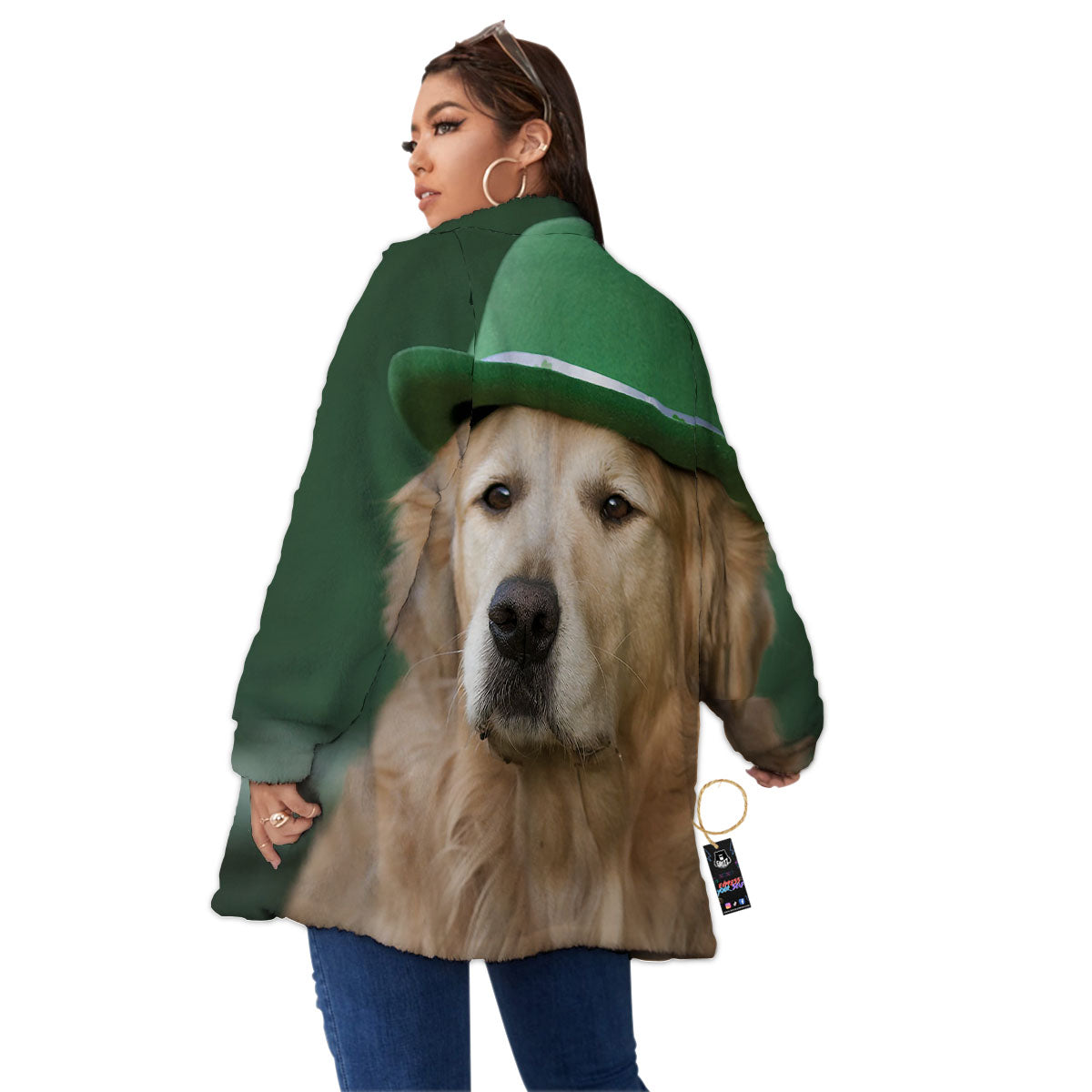 Golden Retriever Patrick's Day Print Women's Sherpa Jacket-grizzshop