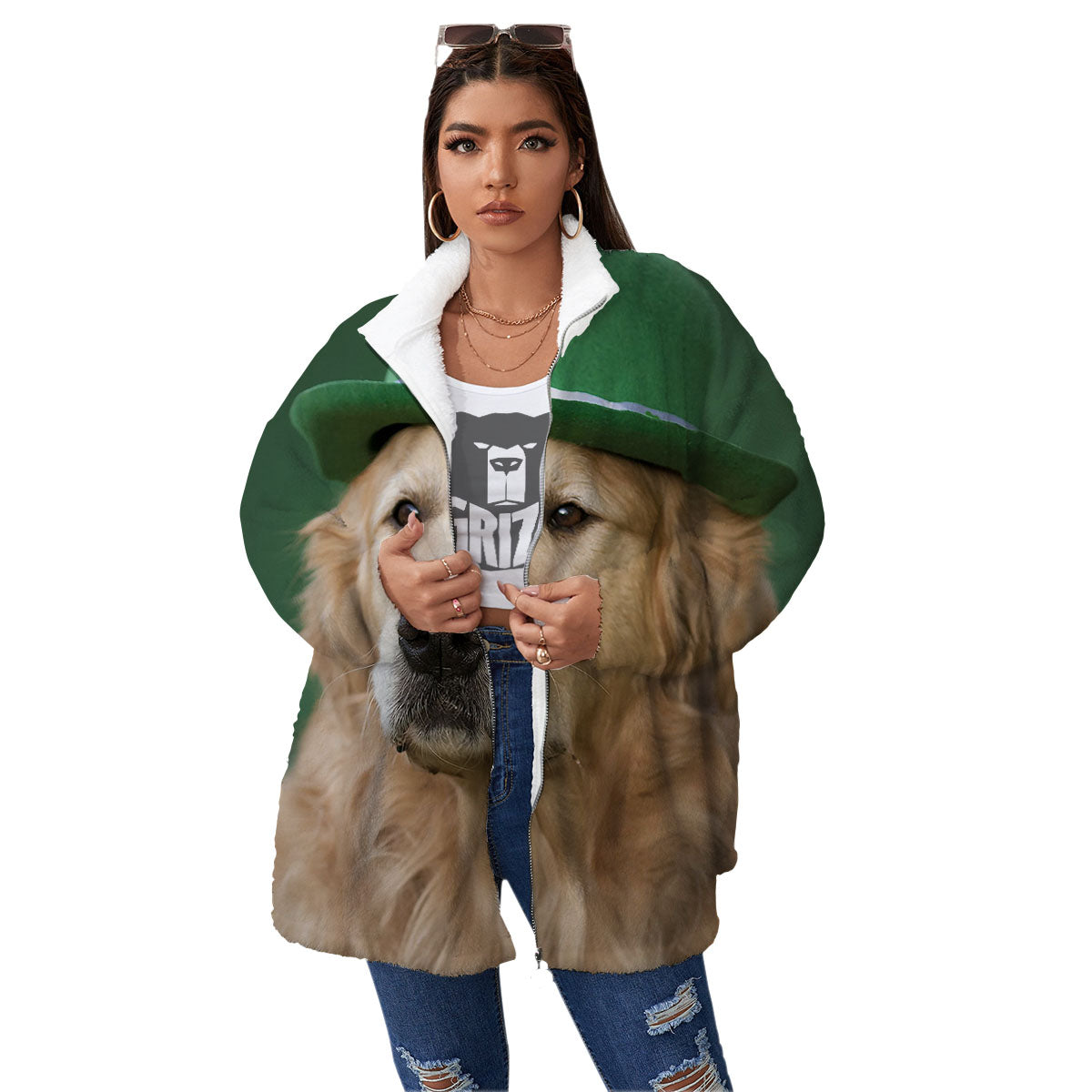 Golden Retriever Patrick's Day Print Women's Sherpa Jacket-grizzshop