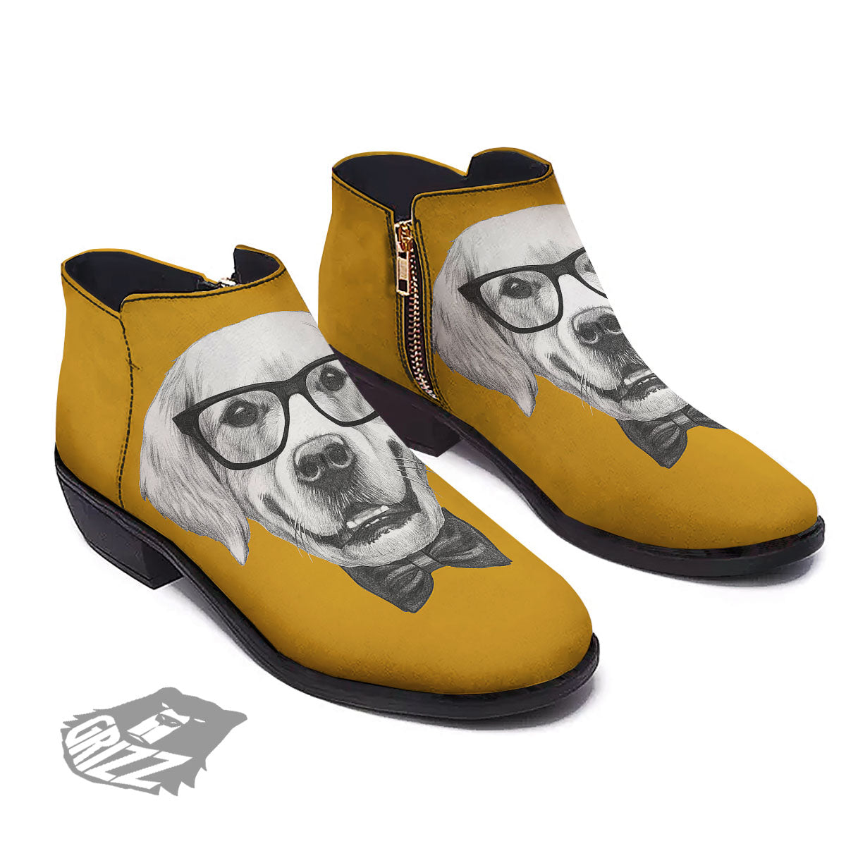 Golden Retriever With Glasses Print Ankle Boots-grizzshop