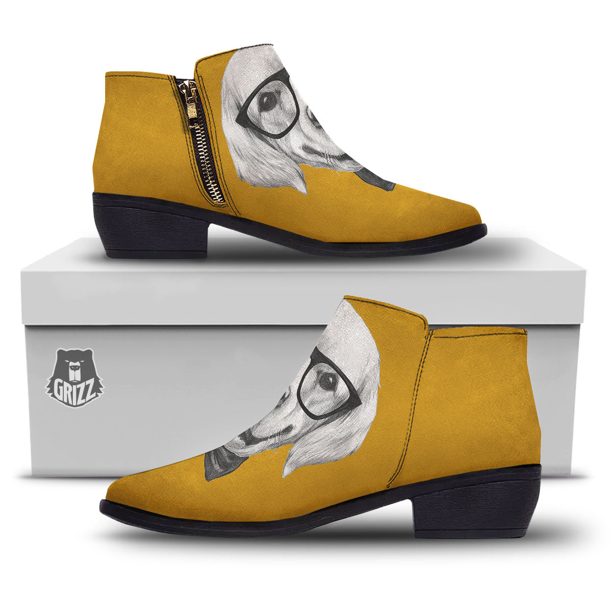 Golden Retriever With Glasses Print Ankle Boots-grizzshop