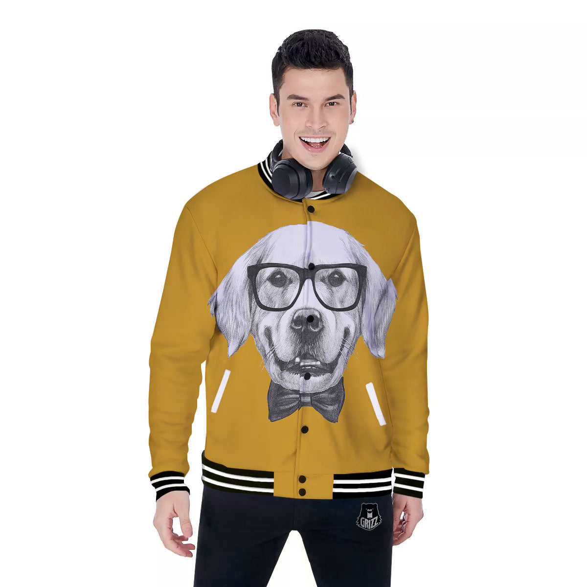 Golden Retriever With Glasses Print Baseball Jacket-grizzshop