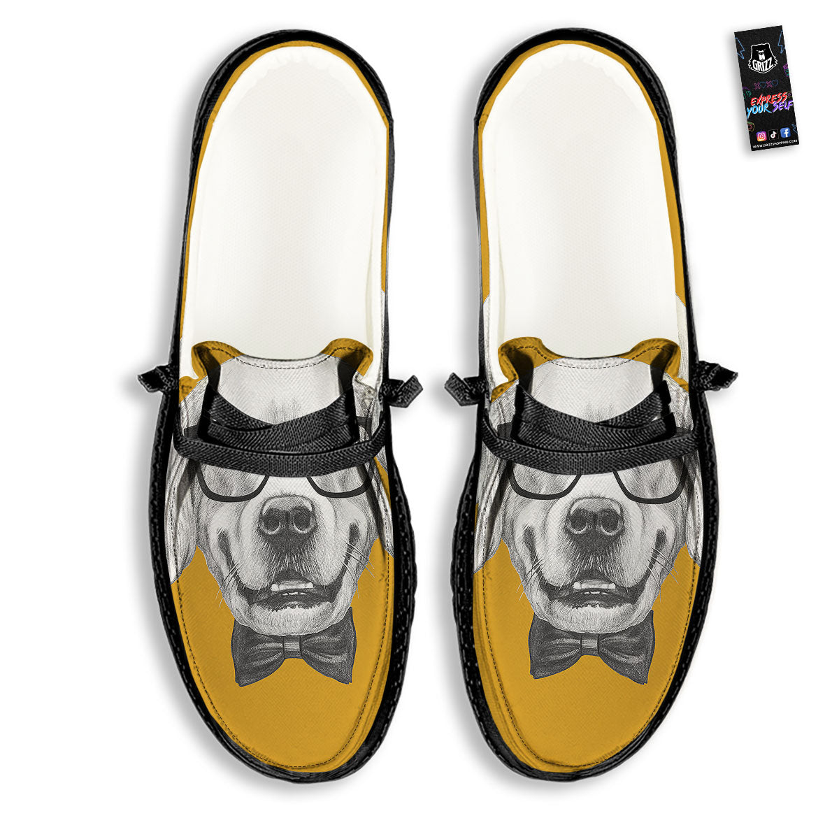 Golden Retriever With Glasses Print Black Loafers-grizzshop