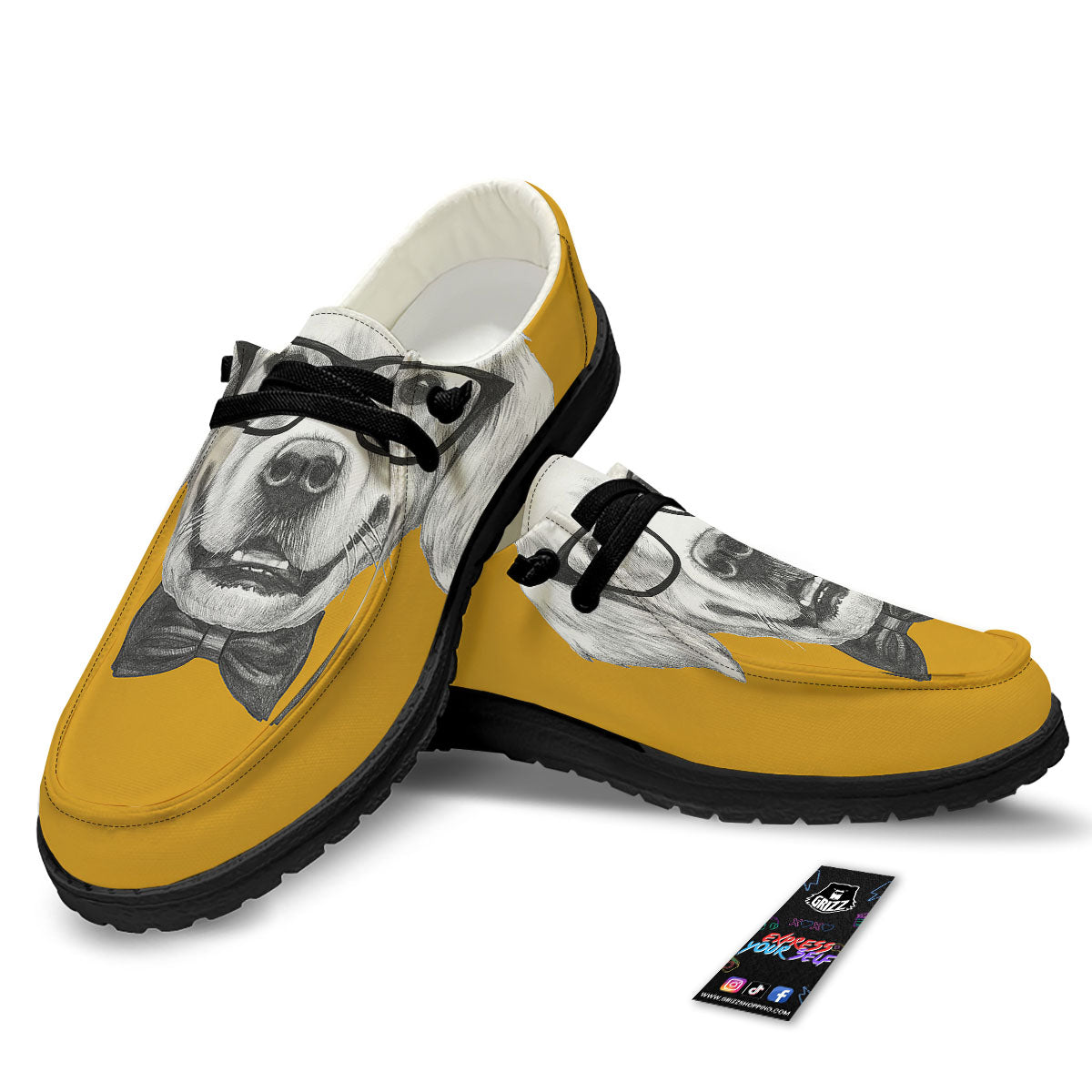 Golden Retriever With Glasses Print Black Loafers-grizzshop