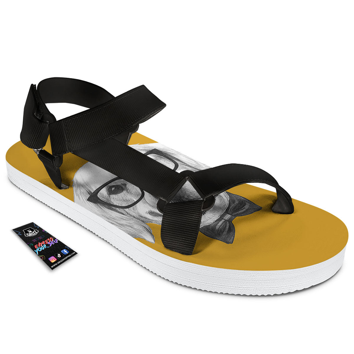 Golden Retriever With Glasses Print Black Open Toe Sandals-grizzshop