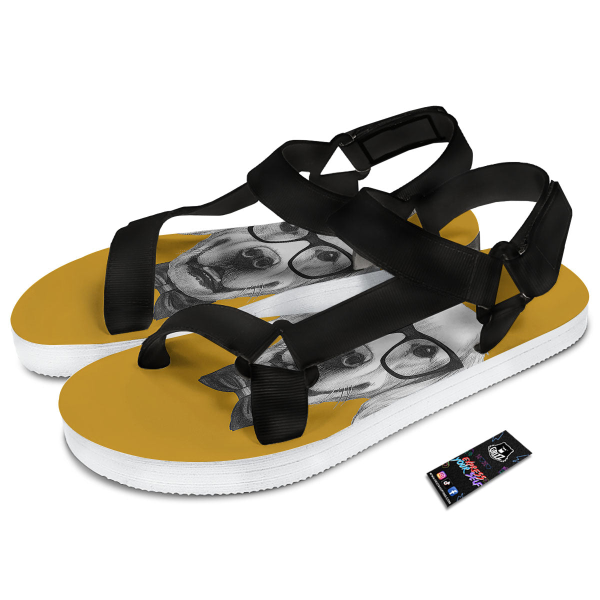 Golden Retriever With Glasses Print Black Open Toe Sandals-grizzshop
