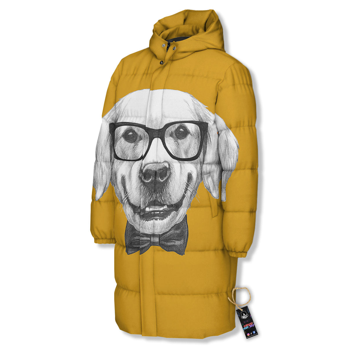 Golden Retriever With Glasses Print Long Down Jacket-grizzshop