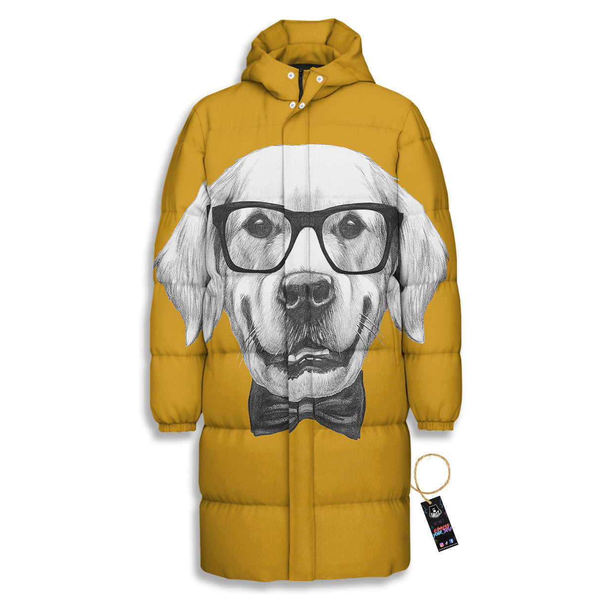 Golden Retriever With Glasses Print Long Down Jacket-grizzshop