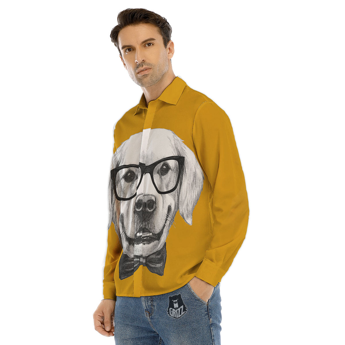 Golden Retriever With Glasses Print Men's Dress Shirts-grizzshop