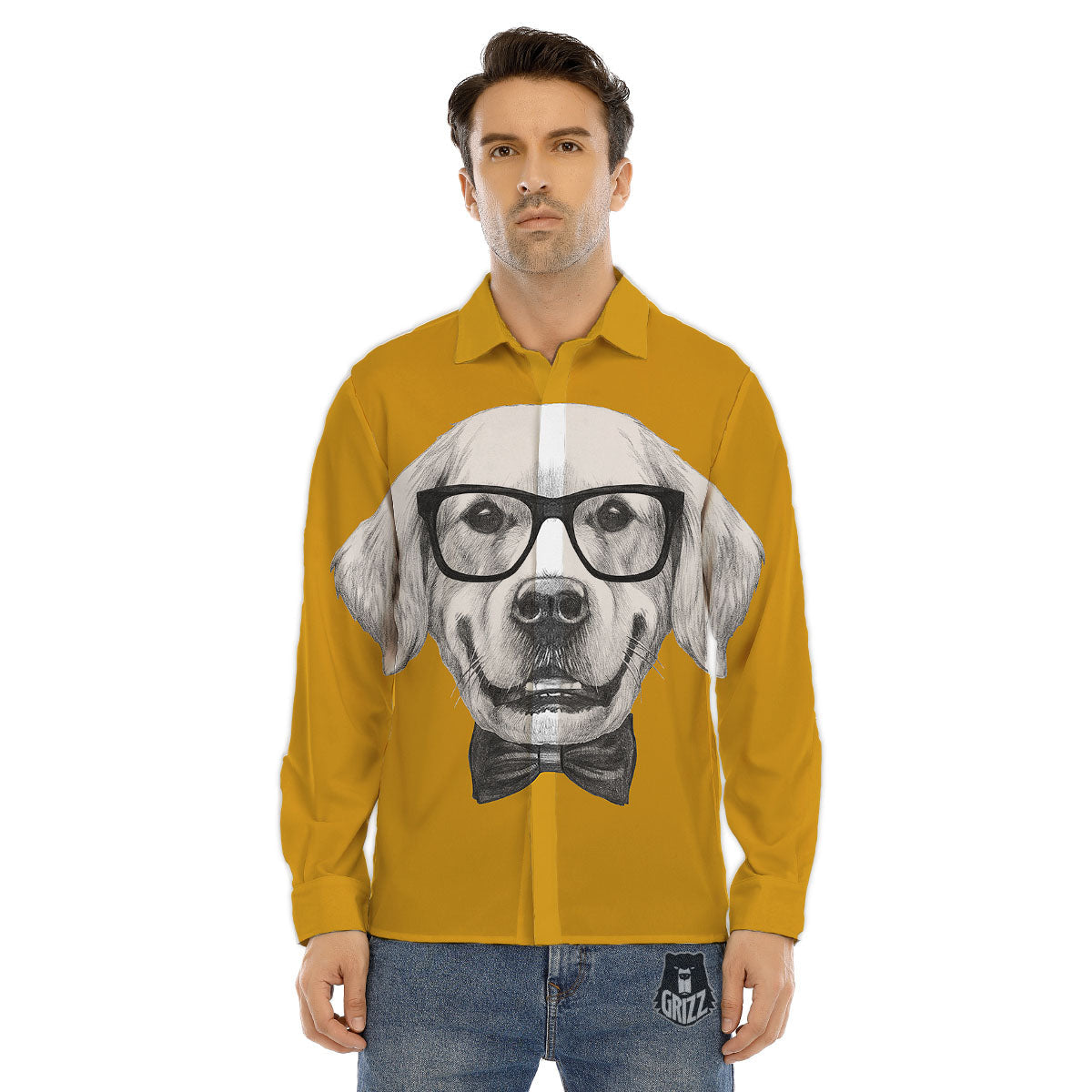Golden Retriever With Glasses Print Men's Dress Shirts-grizzshop
