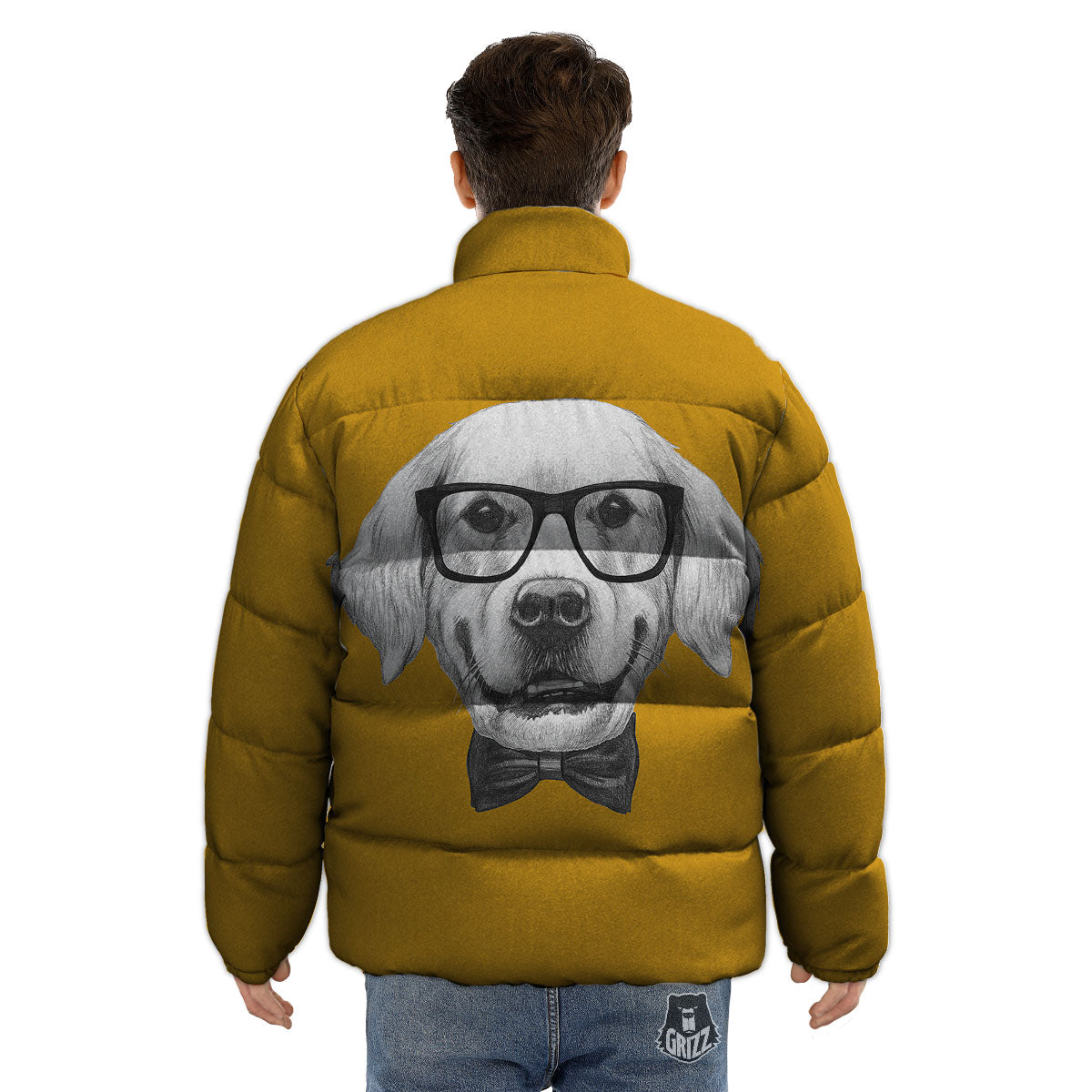 Golden Retriever With Glasses Print Puffer Jacket-grizzshop