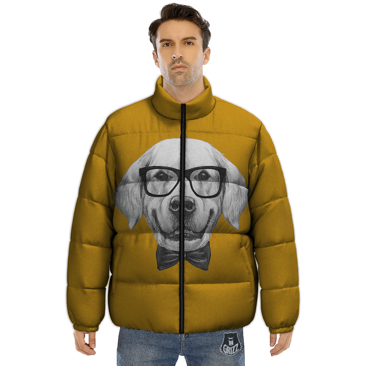 Golden Retriever With Glasses Print Puffer Jacket-grizzshop