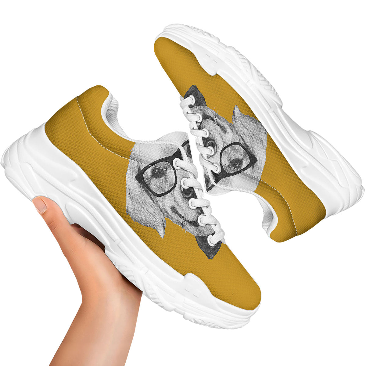 Golden Retriever With Glasses Print White Chunky Shoes-grizzshop