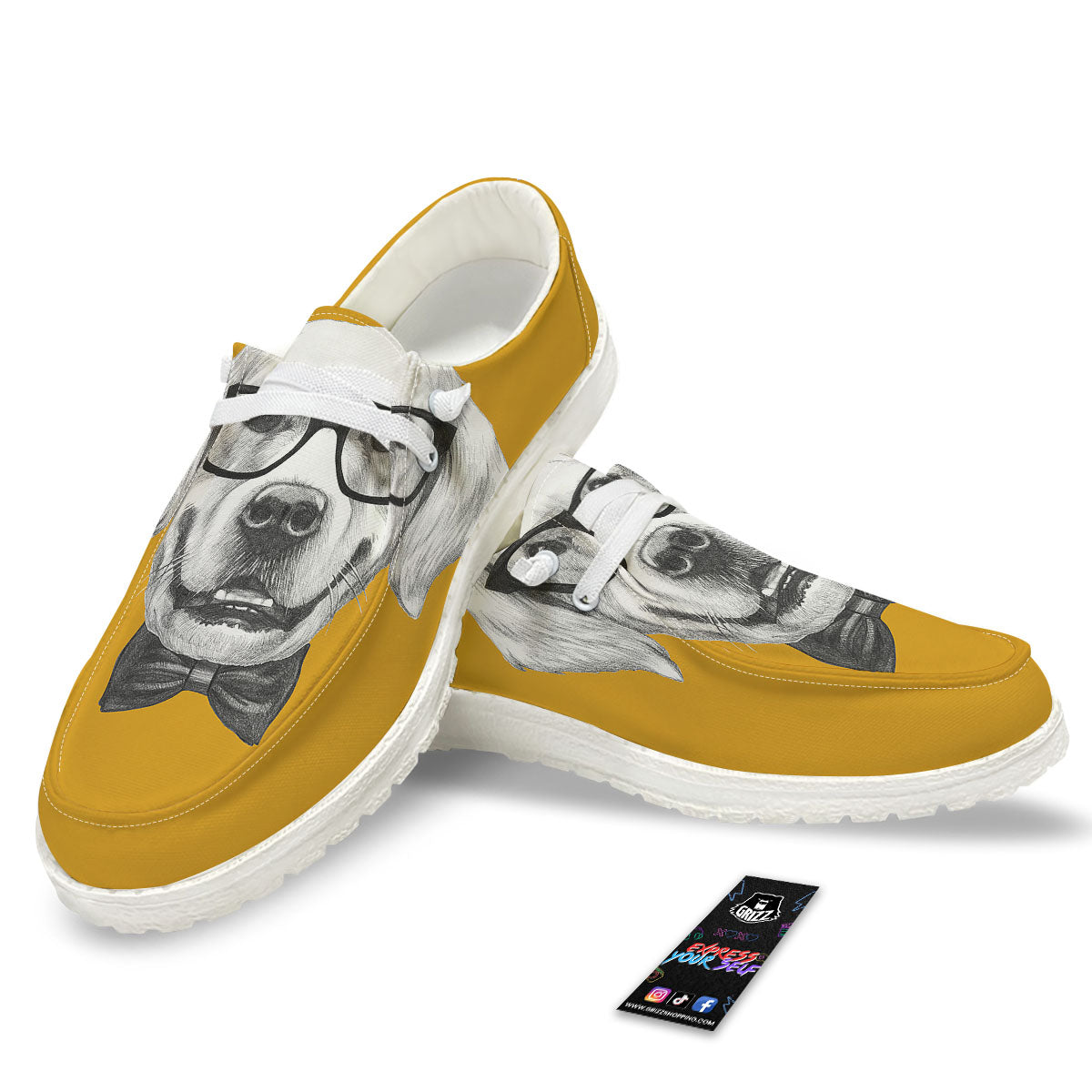 Golden Retriever With Glasses Print White Loafers-grizzshop
