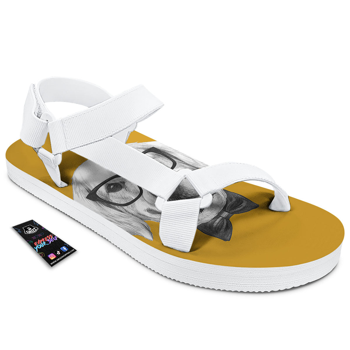 Golden Retriever With Glasses Print White Open Toe Sandals-grizzshop