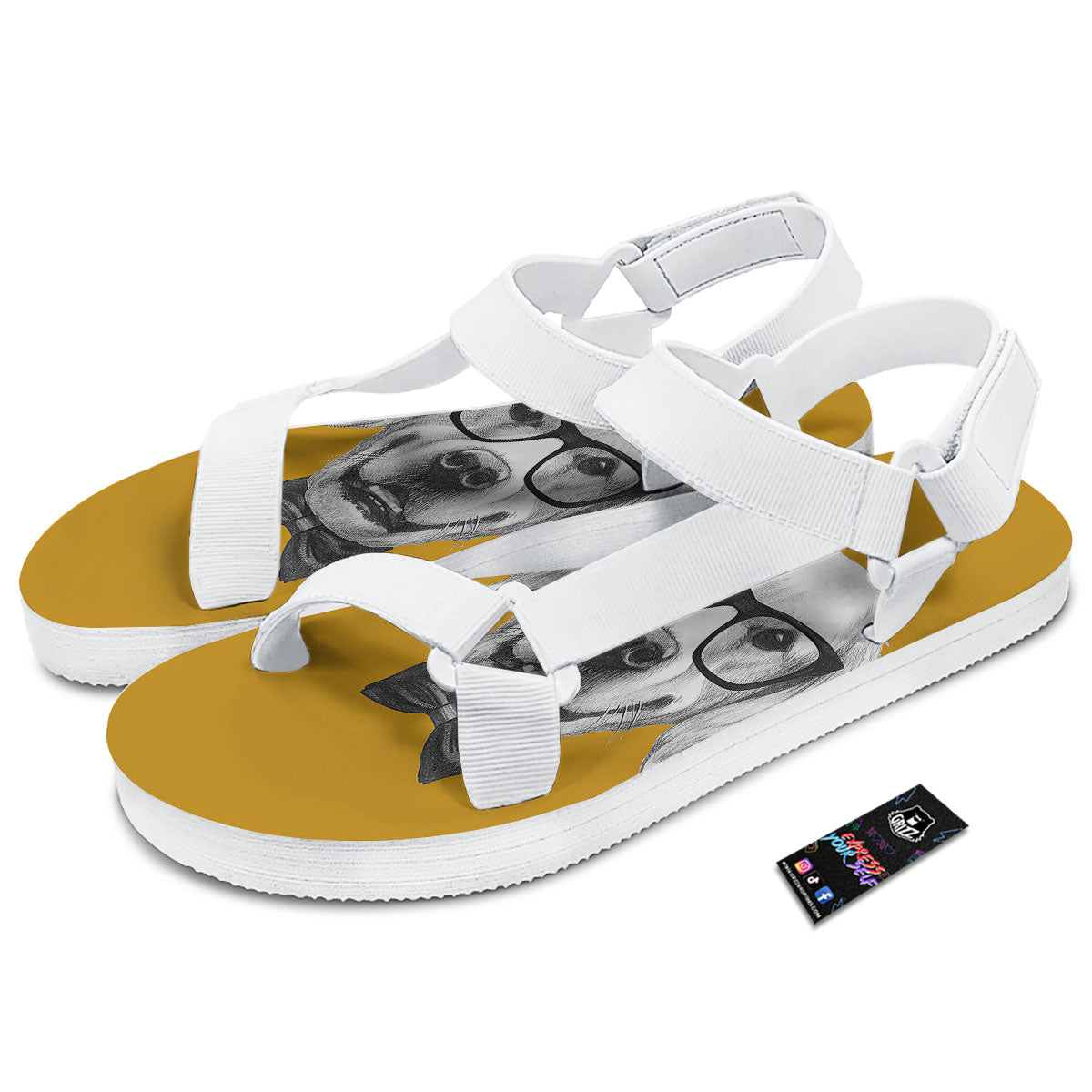 Golden Retriever With Glasses Print White Open Toe Sandals-grizzshop
