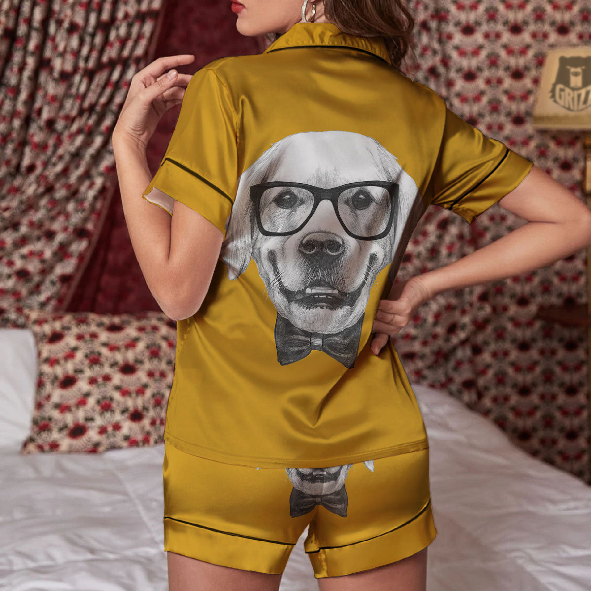Golden Retriever With Glasses Print Women Silk Pajamas-grizzshop