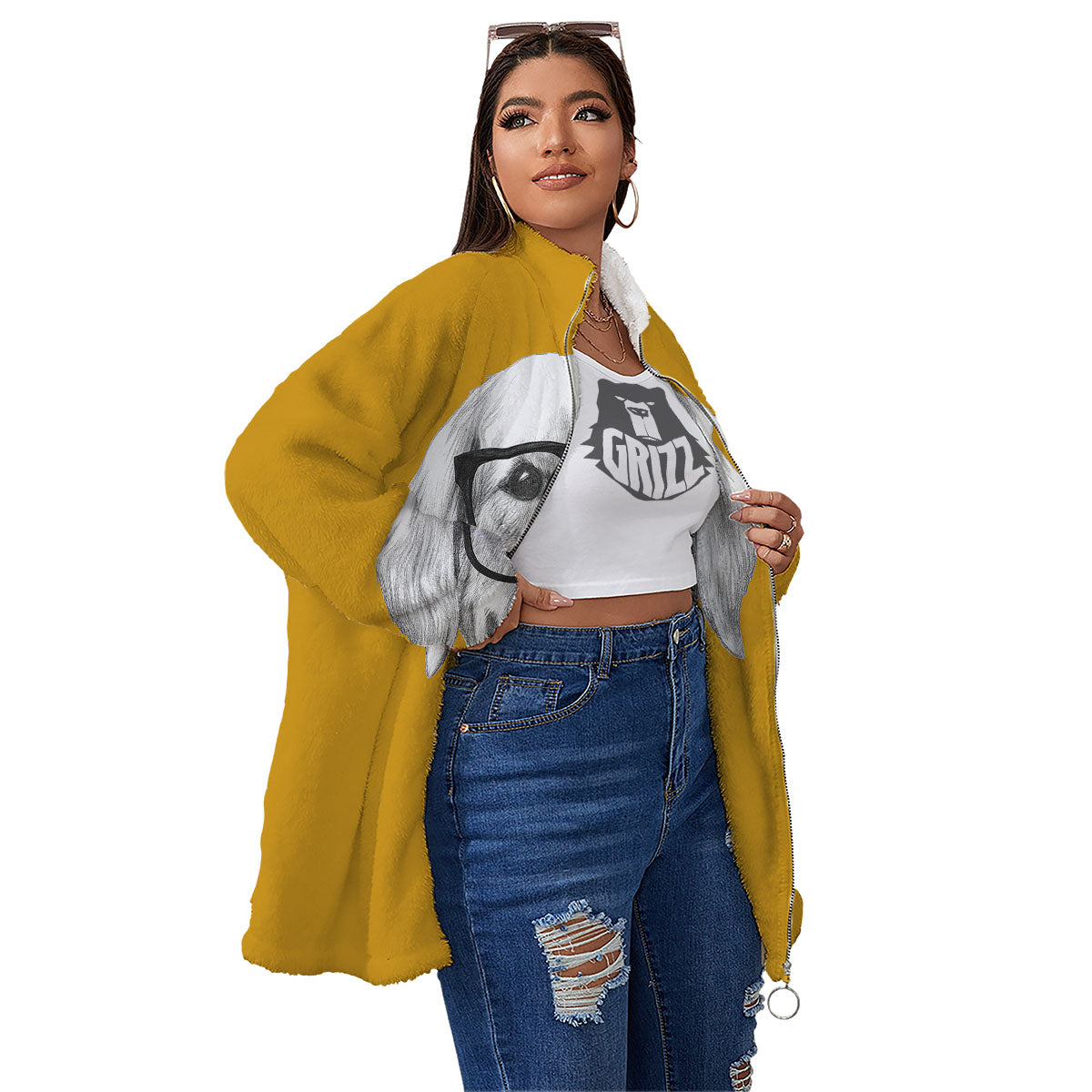 Golden Retriever With Glasses Print Women's Sherpa Jacket-grizzshop