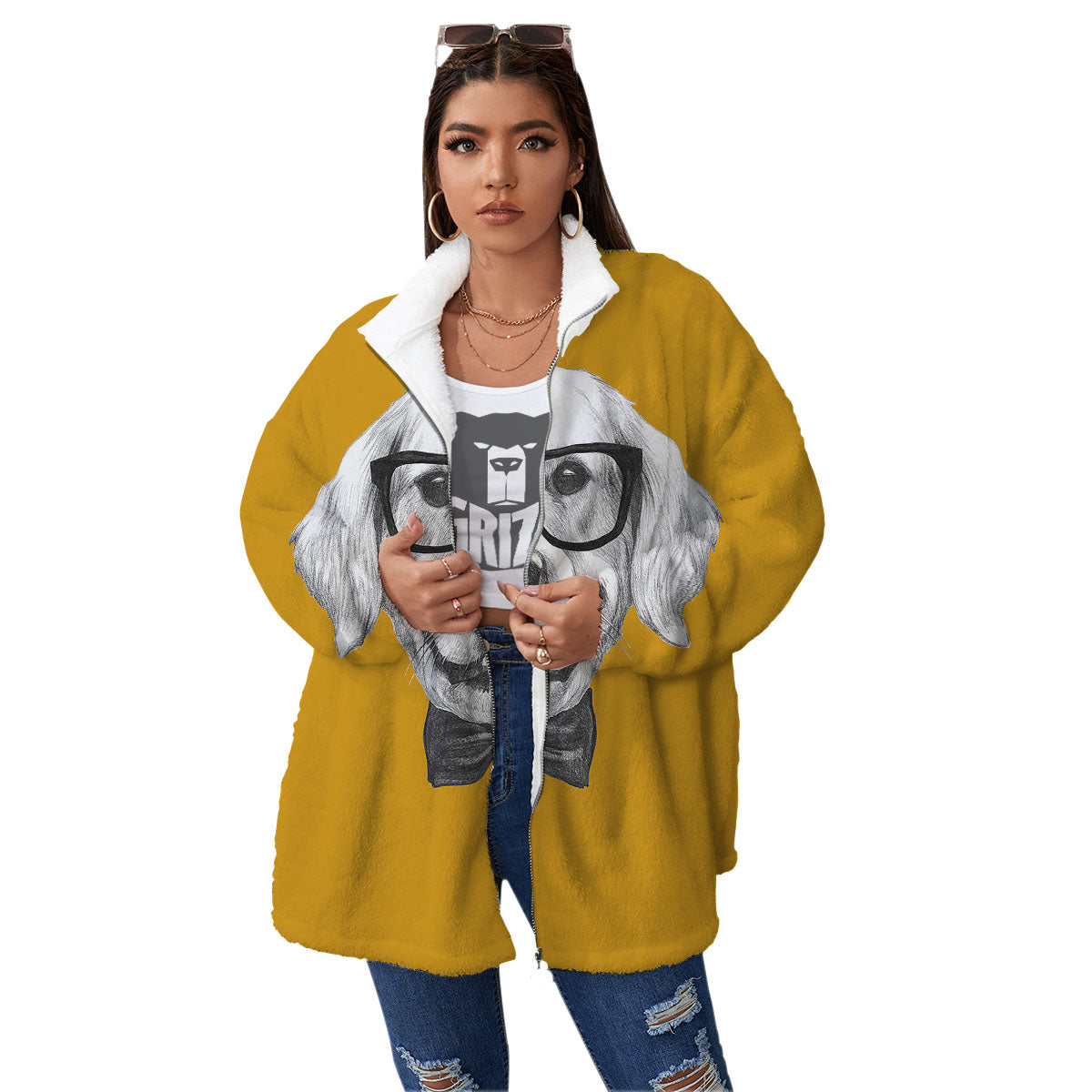 Golden Retriever With Glasses Print Women's Sherpa Jacket-grizzshop