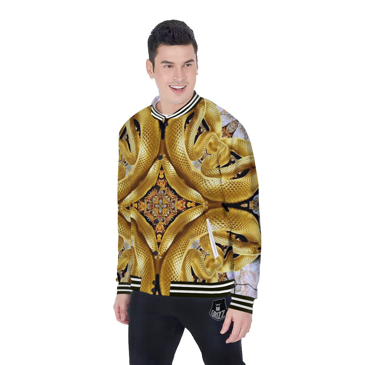 Golden Snake Kaleidoscope Print Baseball Jacket-grizzshop