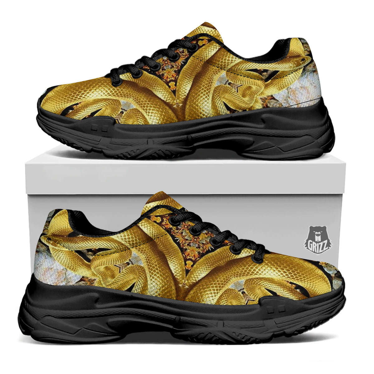 Golden Snake Kaleidoscope Print Black Chunky Shoes-grizzshop