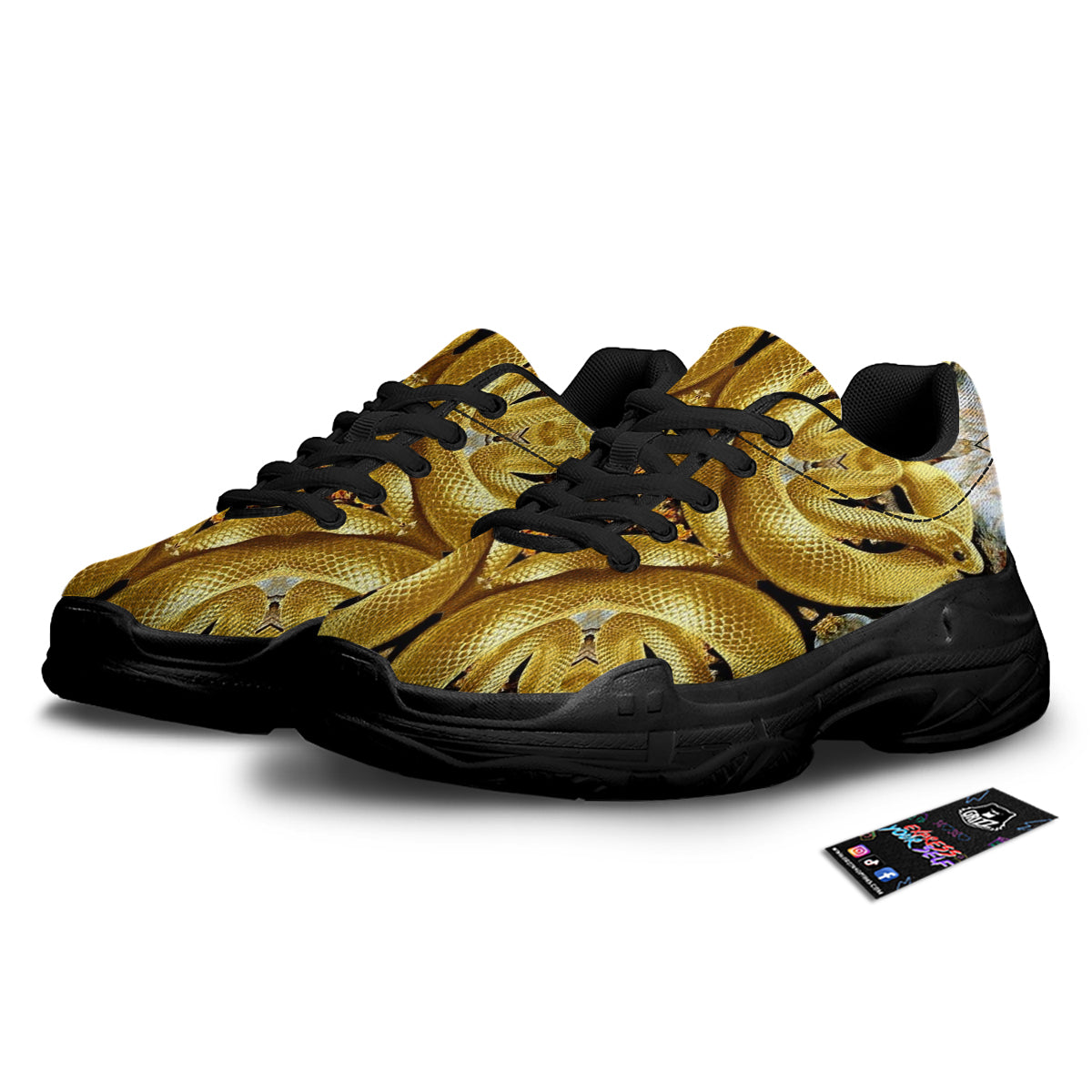 Golden Snake Kaleidoscope Print Black Chunky Shoes-grizzshop