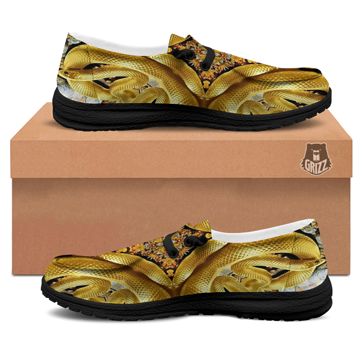 Golden Snake Kaleidoscope Print Black Loafers-grizzshop