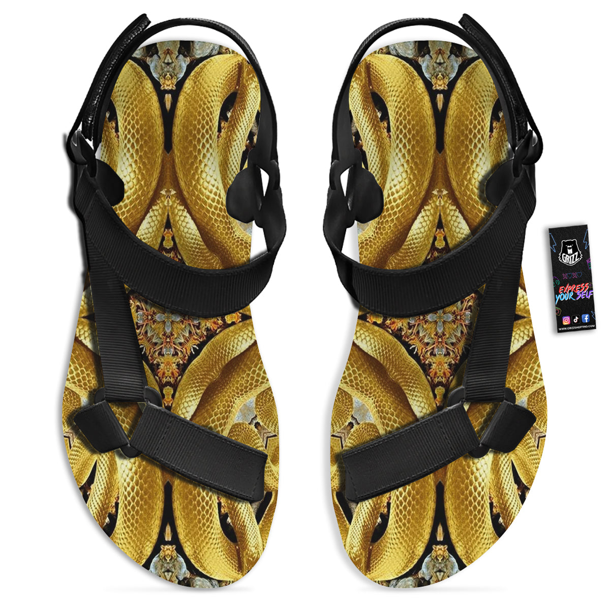 Golden Snake Kaleidoscope Print Black Open Toe Sandals-grizzshop