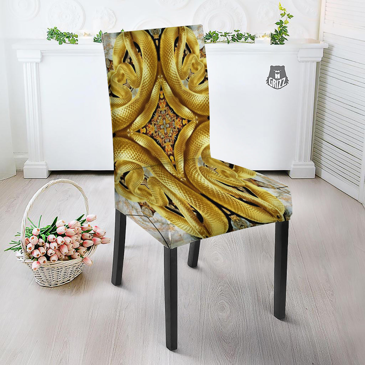 Golden Snake Kaleidoscope Print Dining Chair Slipcover-grizzshop