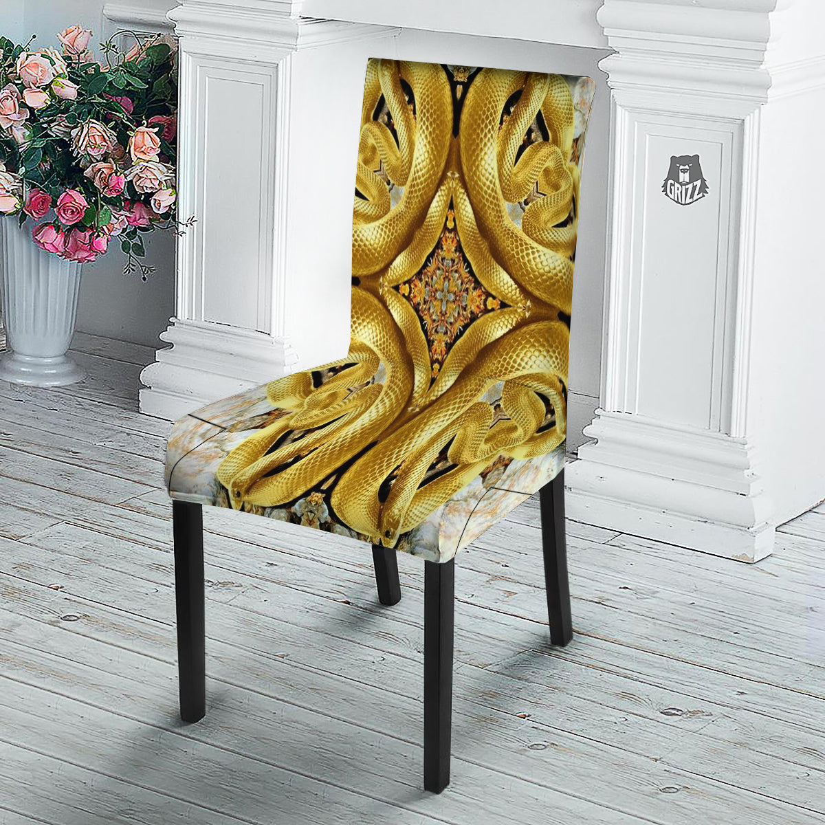 Golden Snake Kaleidoscope Print Dining Chair Slipcover-grizzshop