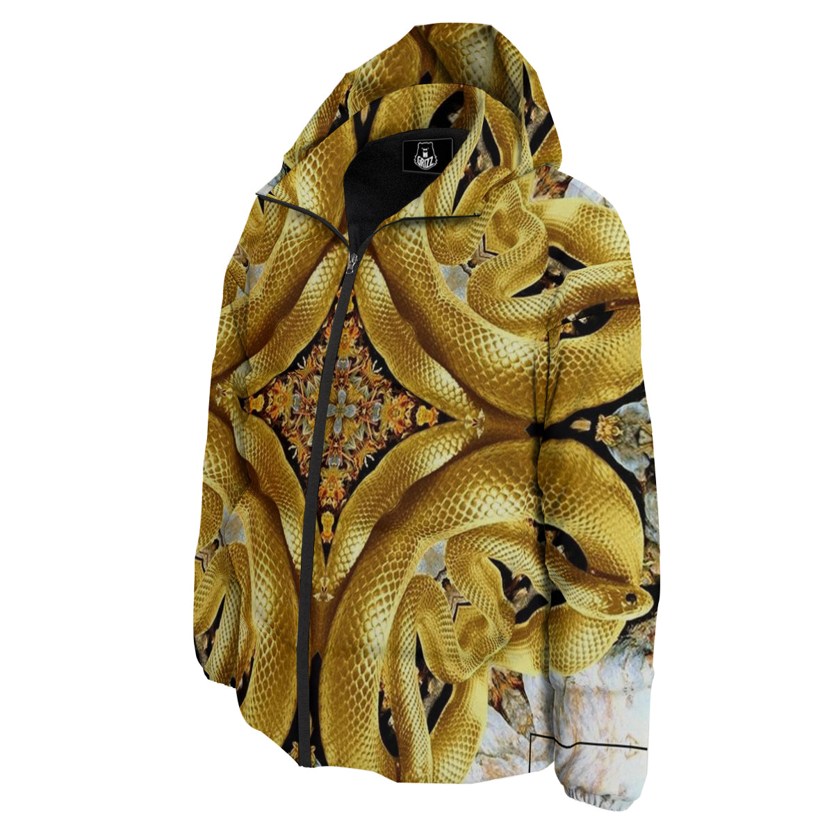 Golden Snake Kaleidoscope Print Down Jacket-grizzshop