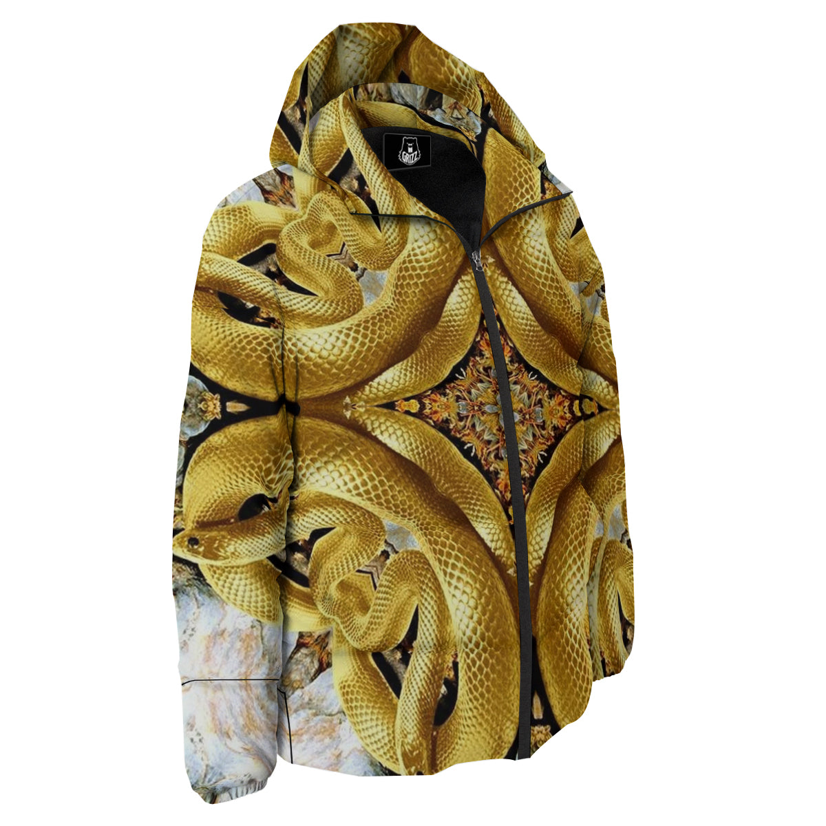 Golden Snake Kaleidoscope Print Down Jacket-grizzshop