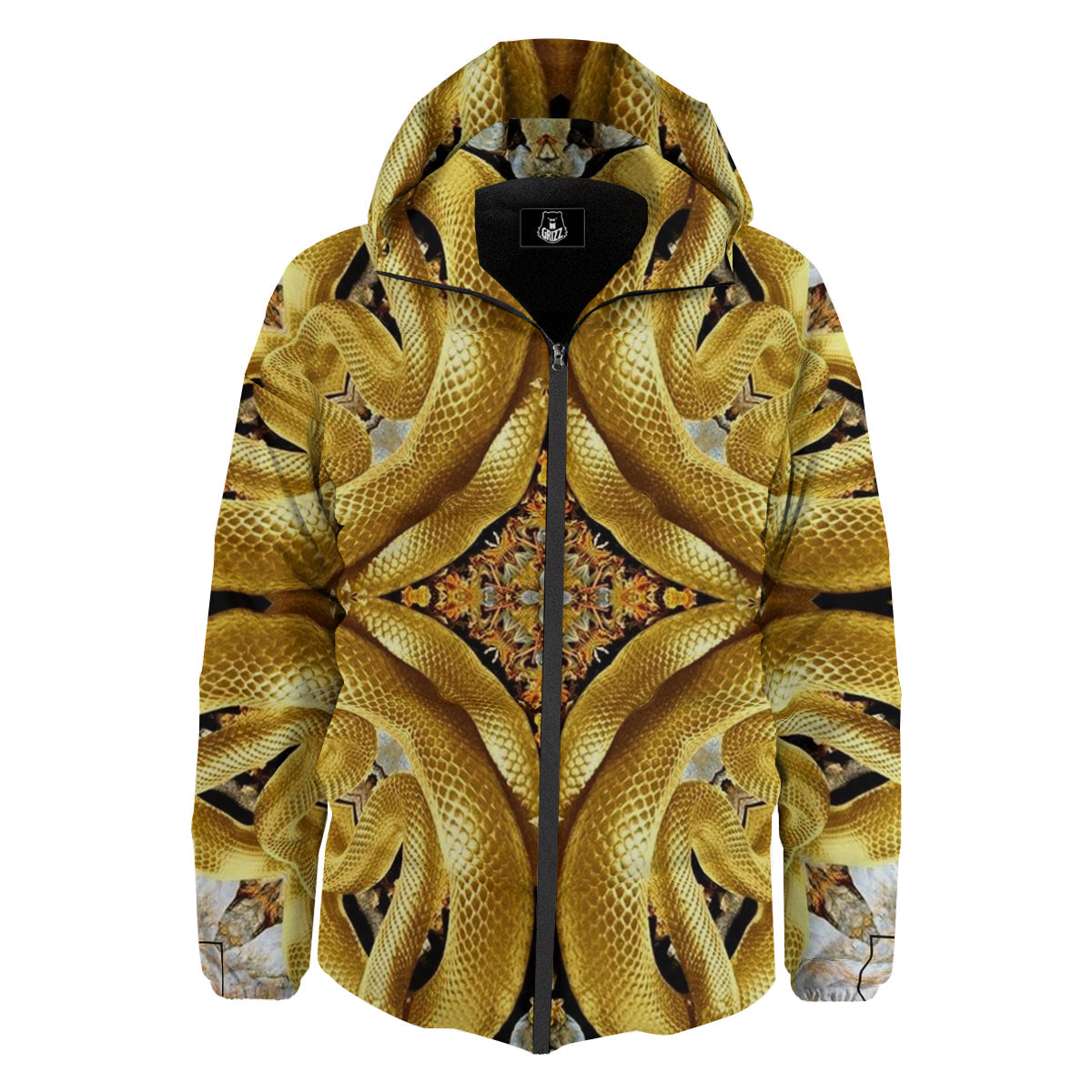 Golden Snake Kaleidoscope Print Down Jacket-grizzshop