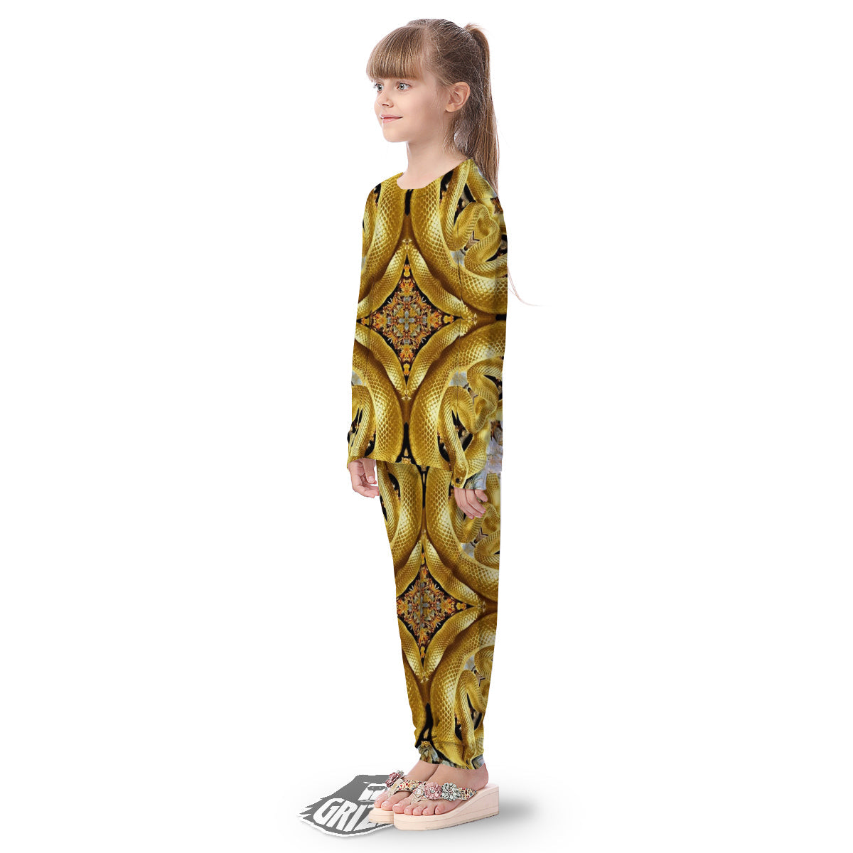 Golden Snake Kaleidoscope Print Kid's Pajamas-grizzshop