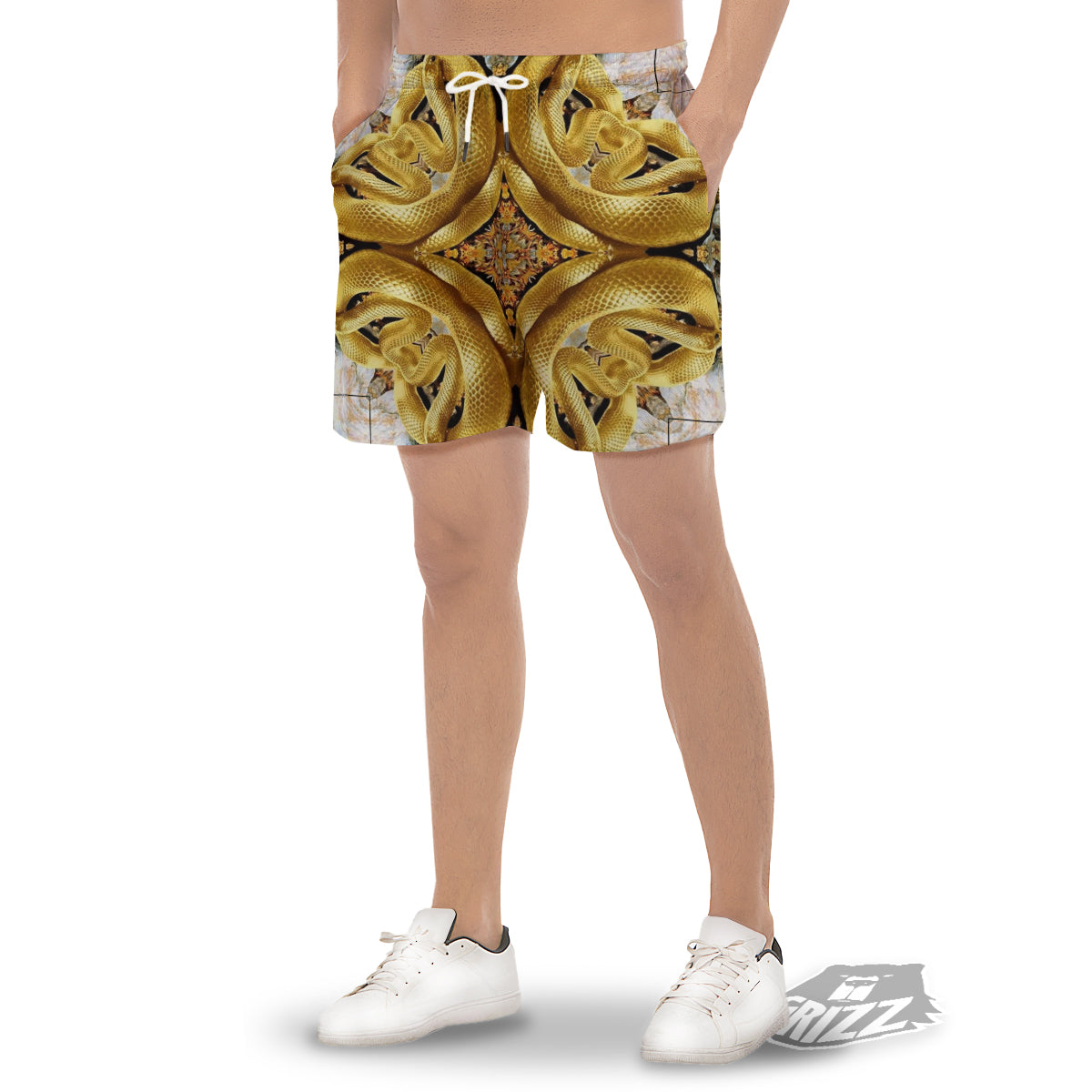Golden Snake Kaleidoscope Print Men's Gym Shorts-grizzshop
