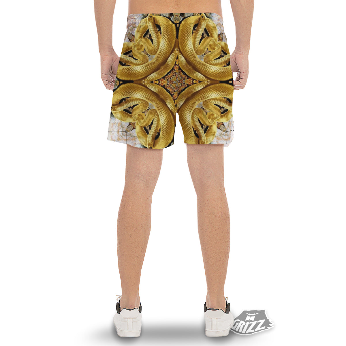 Golden Snake Kaleidoscope Print Men's Gym Shorts-grizzshop