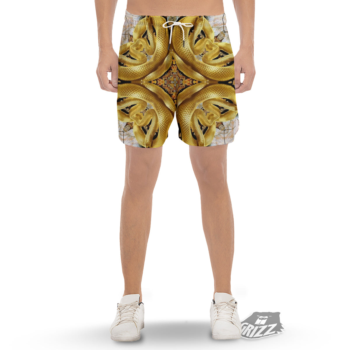 Golden Snake Kaleidoscope Print Men's Gym Shorts-grizzshop