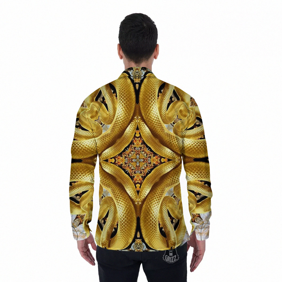 Golden Snake Kaleidoscope Print Men's Long Sleeve Shirts-grizzshop