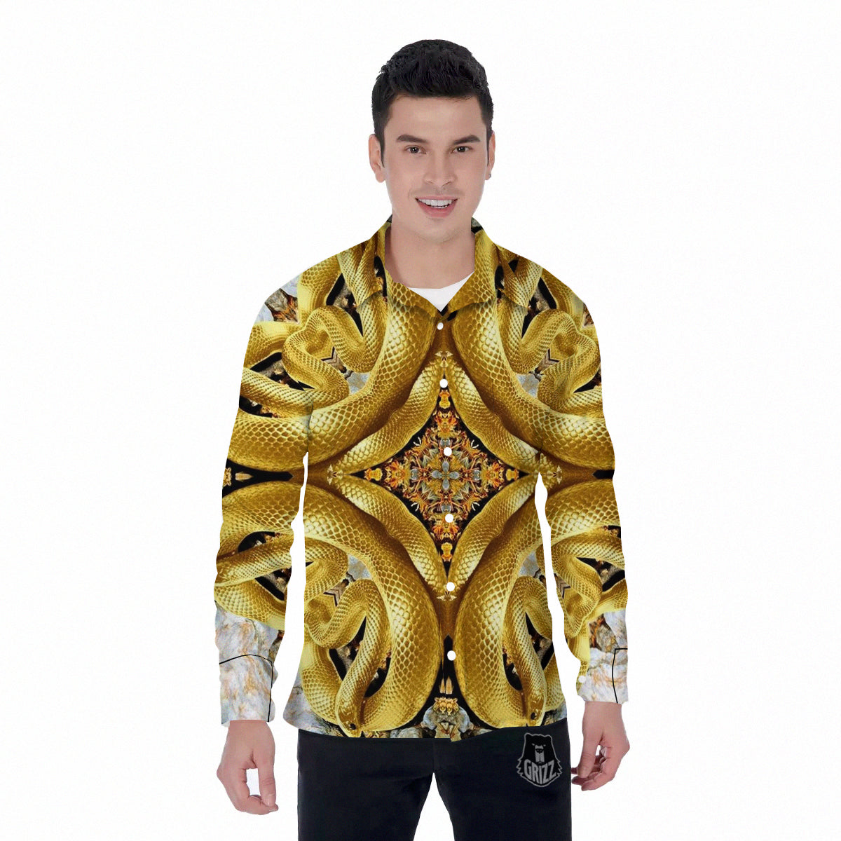 Golden Snake Kaleidoscope Print Men's Long Sleeve Shirts-grizzshop