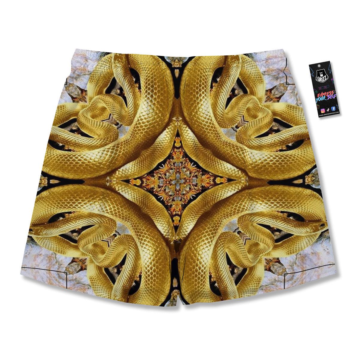 Golden Snake Kaleidoscope Print Men's Running Shorts-grizzshop