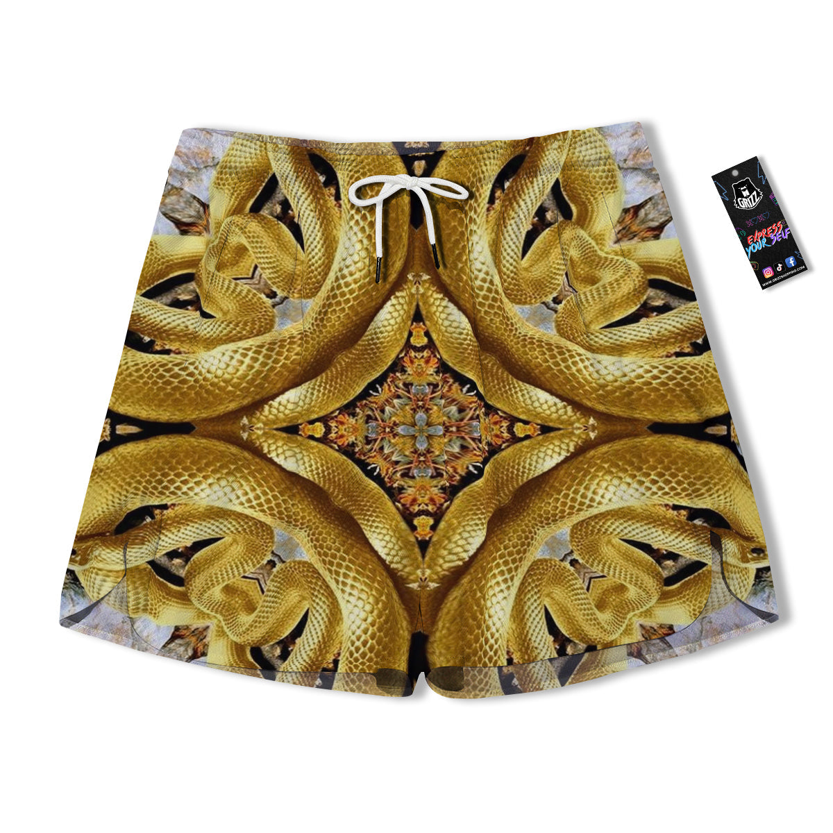 Golden Snake Kaleidoscope Print Men's Running Shorts-grizzshop