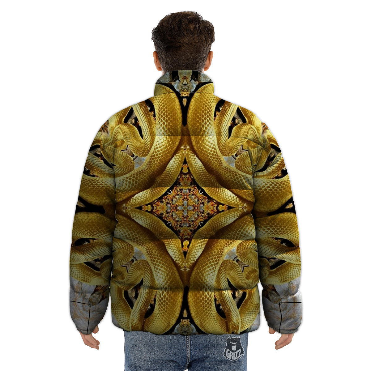 Golden Snake Kaleidoscope Print Puffer Jacket-grizzshop