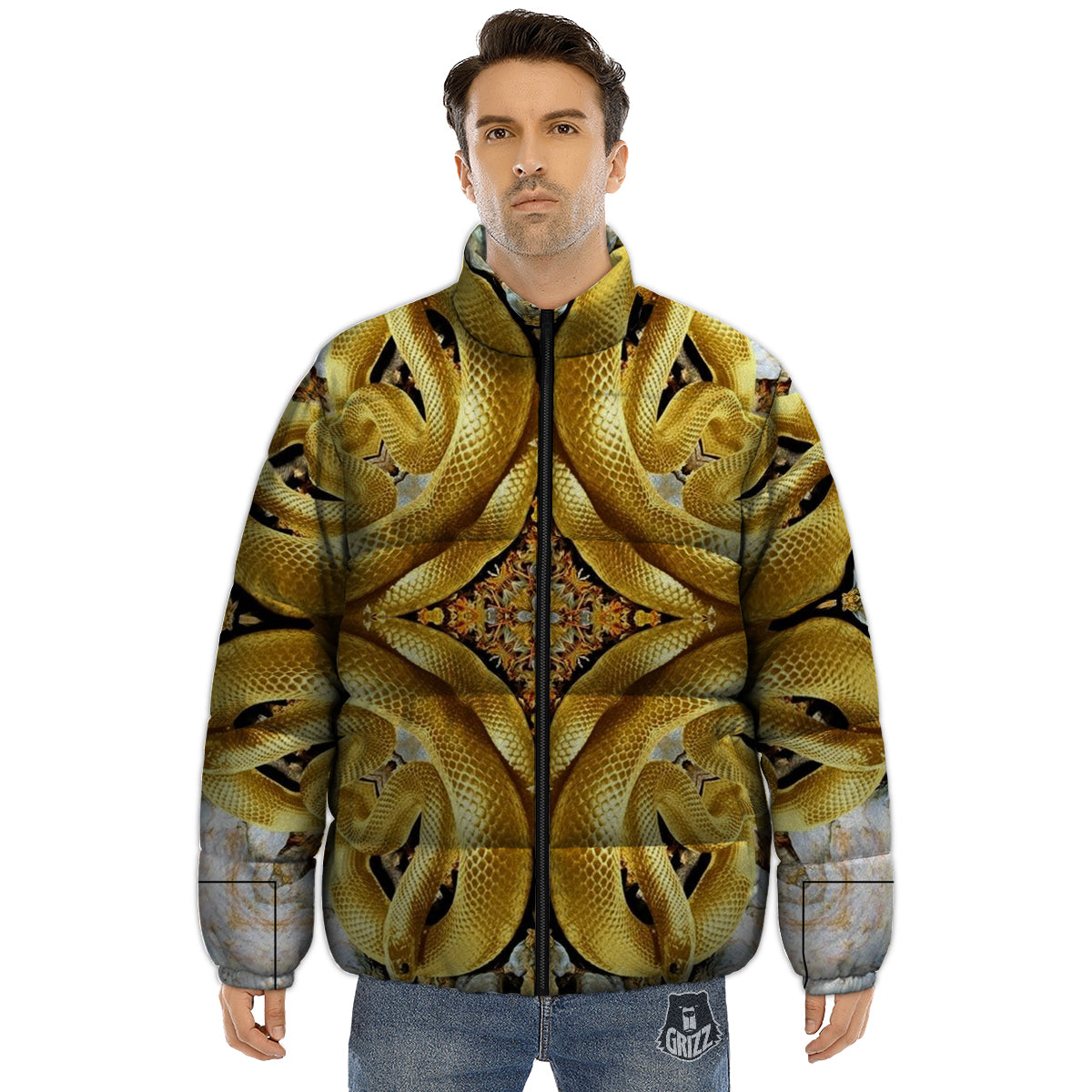 Golden Snake Kaleidoscope Print Puffer Jacket-grizzshop