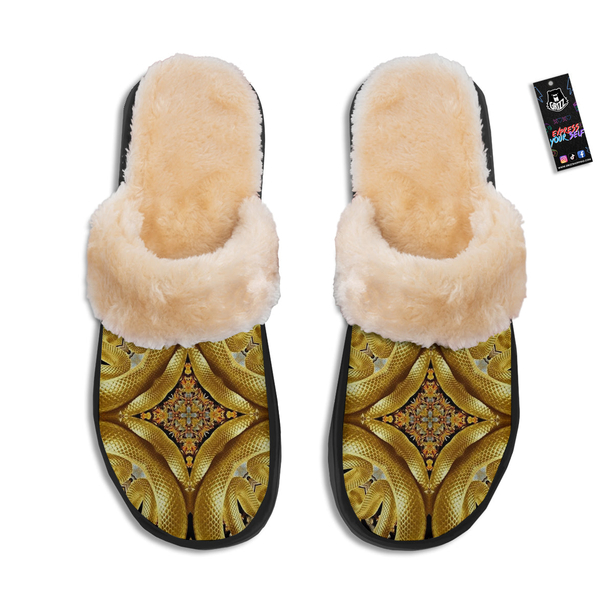Golden Snake Kaleidoscope Print Slippers-grizzshop