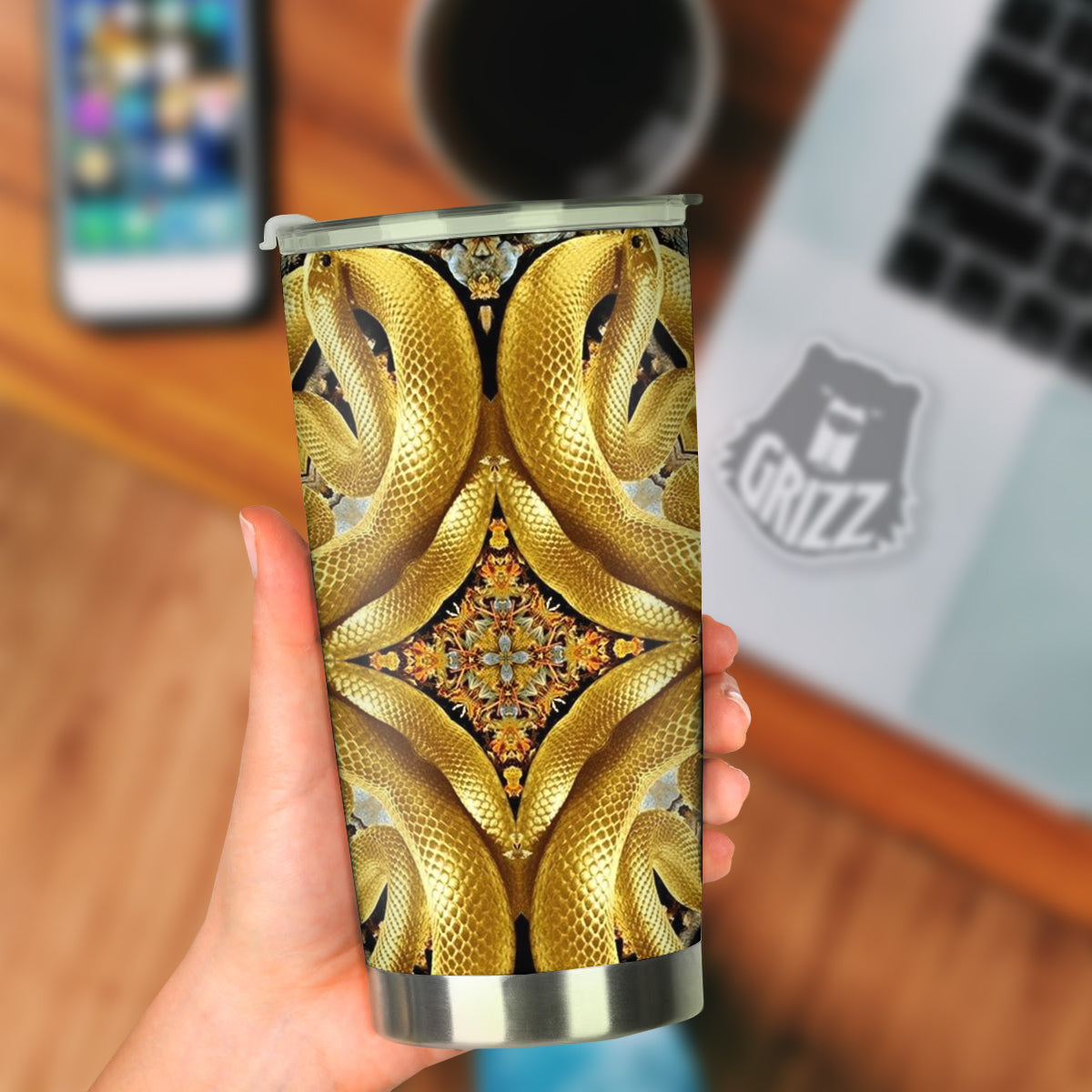 Golden Snake Kaleidoscope Print Tumbler-grizzshop