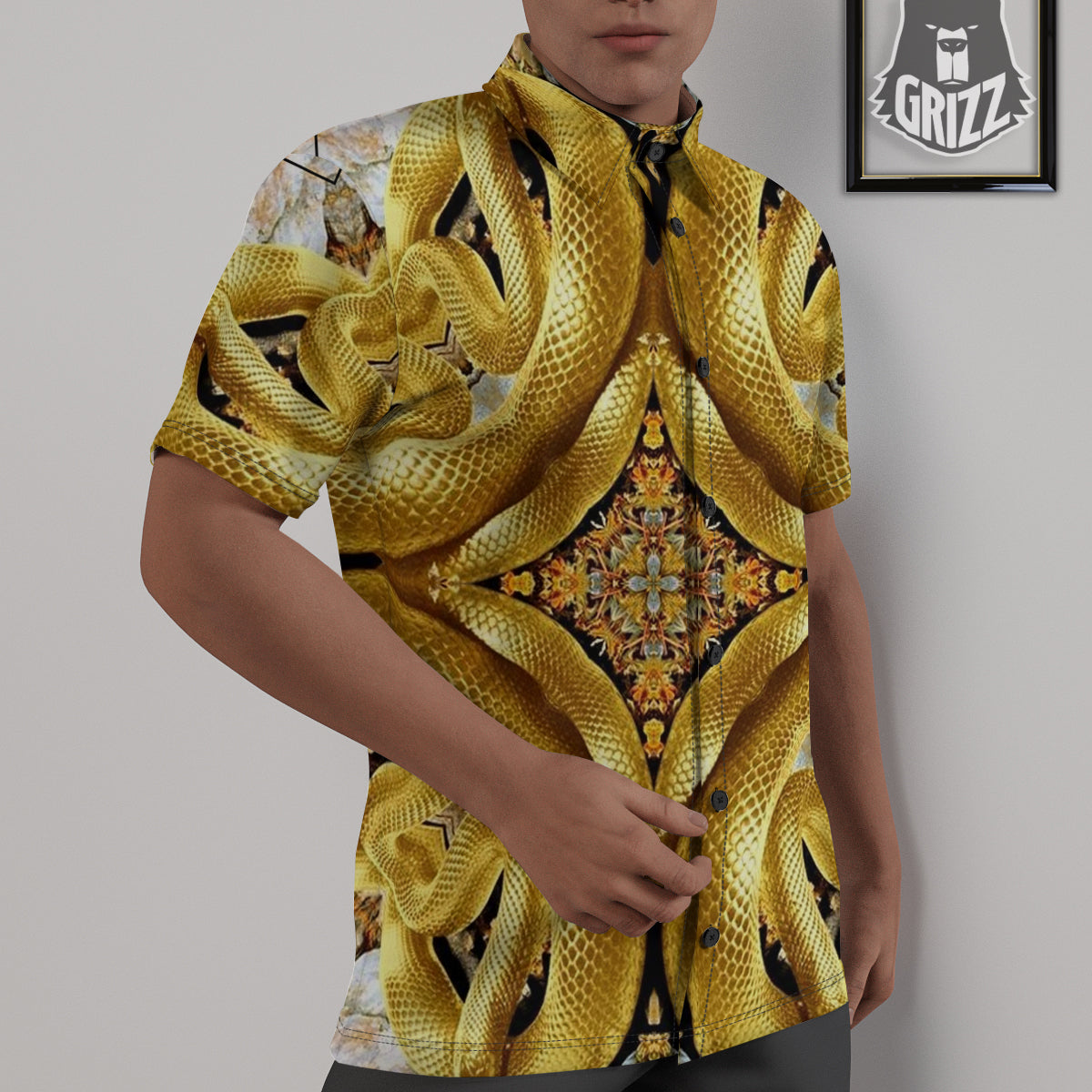 Golden Snake Kaleidoscope Print Untucked Shirts-grizzshop