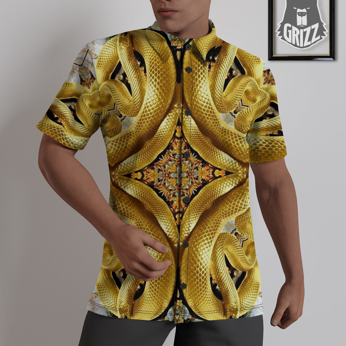 Golden Snake Kaleidoscope Print Untucked Shirts-grizzshop