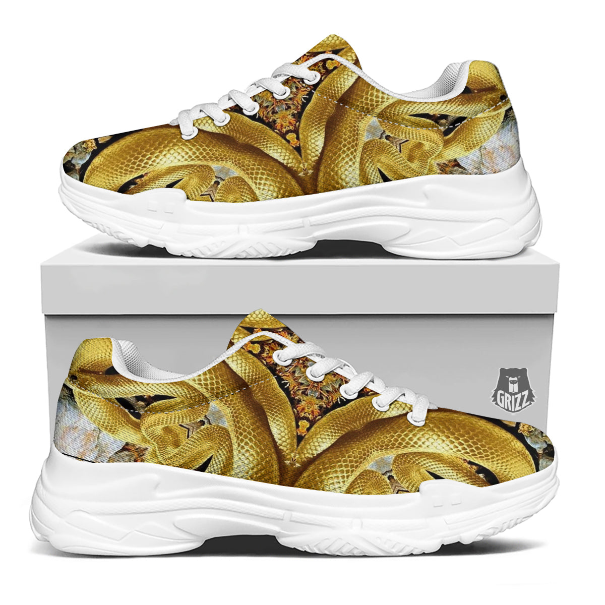 Golden Snake Kaleidoscope Print White Chunky Shoes-grizzshop