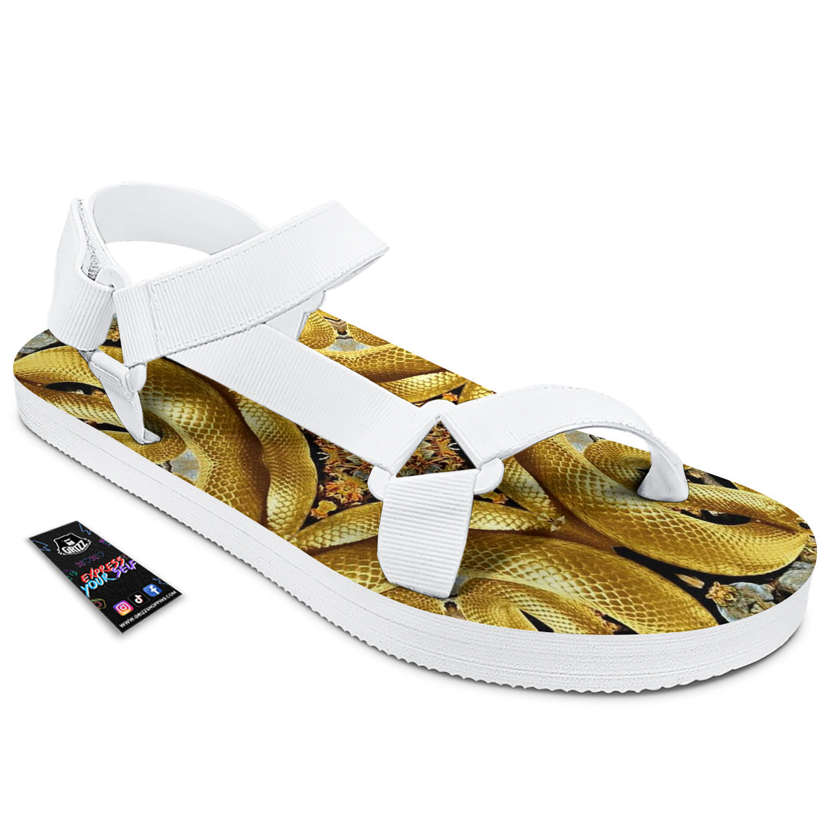 Golden Snake Kaleidoscope Print White Open Toe Sandals-grizzshop