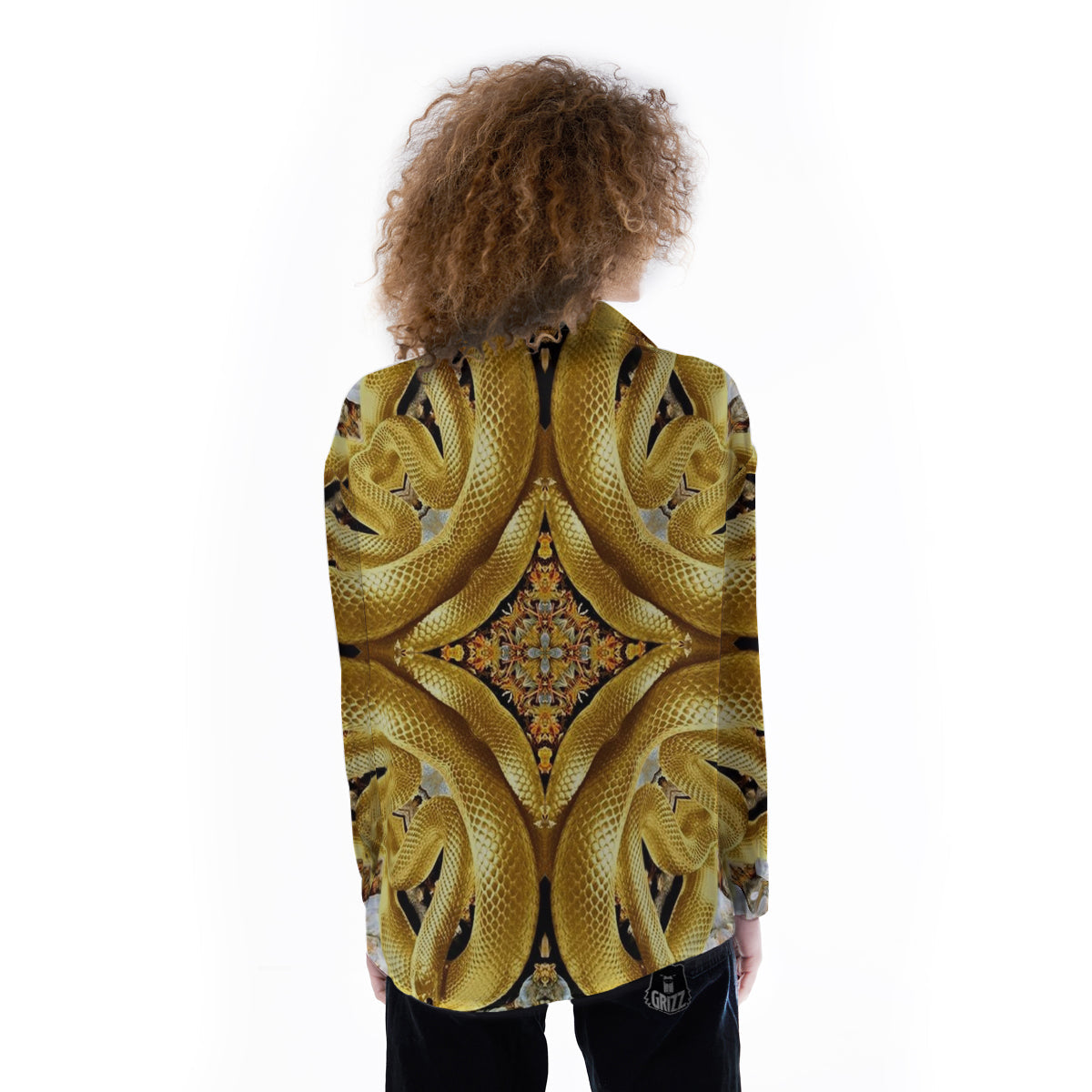 Golden Snake Kaleidoscope Print Women's Long Sleeve Shirts-grizzshop